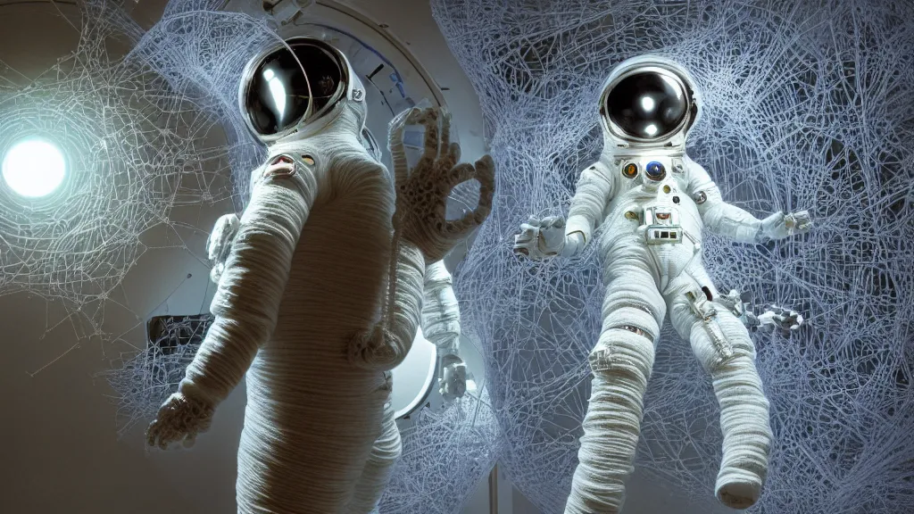 Image similar to a cybernetic symbiosis of a single astronaut eva suit made of pearlescent wearing knitted yarn thread infected with diamond 3d fractal lace iridescent bubble 3d skin covered with stalks of insectoid compound eye camera lenses floats through the living room, film still from the movie directed by Denis Villeneuve with art direction by Salvador Dalí, wide lens,