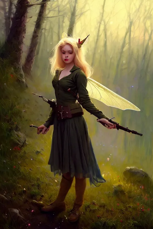 Image similar to cinematic shot of an epic portrait of a cute blonde fairy dressed in military clothes, stylised military clothes, shiny skin, beautiful eyes, beautiful, small details, night setting, realistic poster with volumetric light from jeremy lipkin and michael garmash, craig mallism, artgerm, unreal engine, radiant light, digital art, trends at art station, a masterpiece