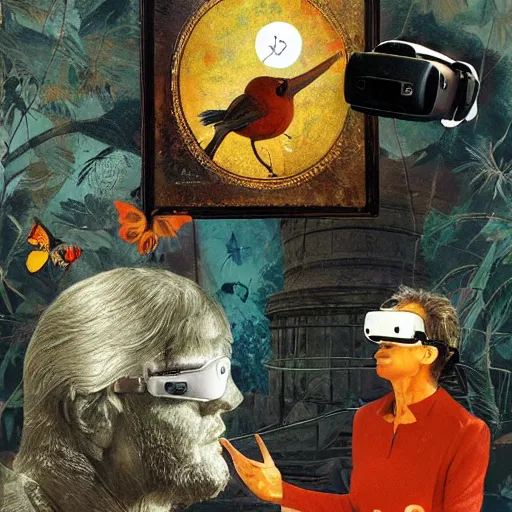 Prompt: a bird! and a naive latin philosopher woman using virtual reality glasses, oil on canvas and collage by dave mckean and ivan shishkin