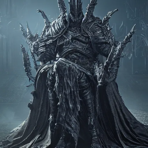 Image similar to the true elden lord, fromsoftware, elden ring, dark souls, bloodborne, dark fantasy, realistic, highly detailed, 8 k, volumetric lighting, sinister lighting, detailed facial features