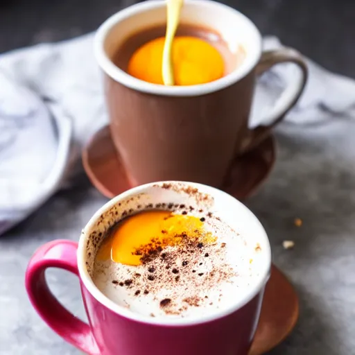 Image similar to a hot chocolate with an egg yolk on top