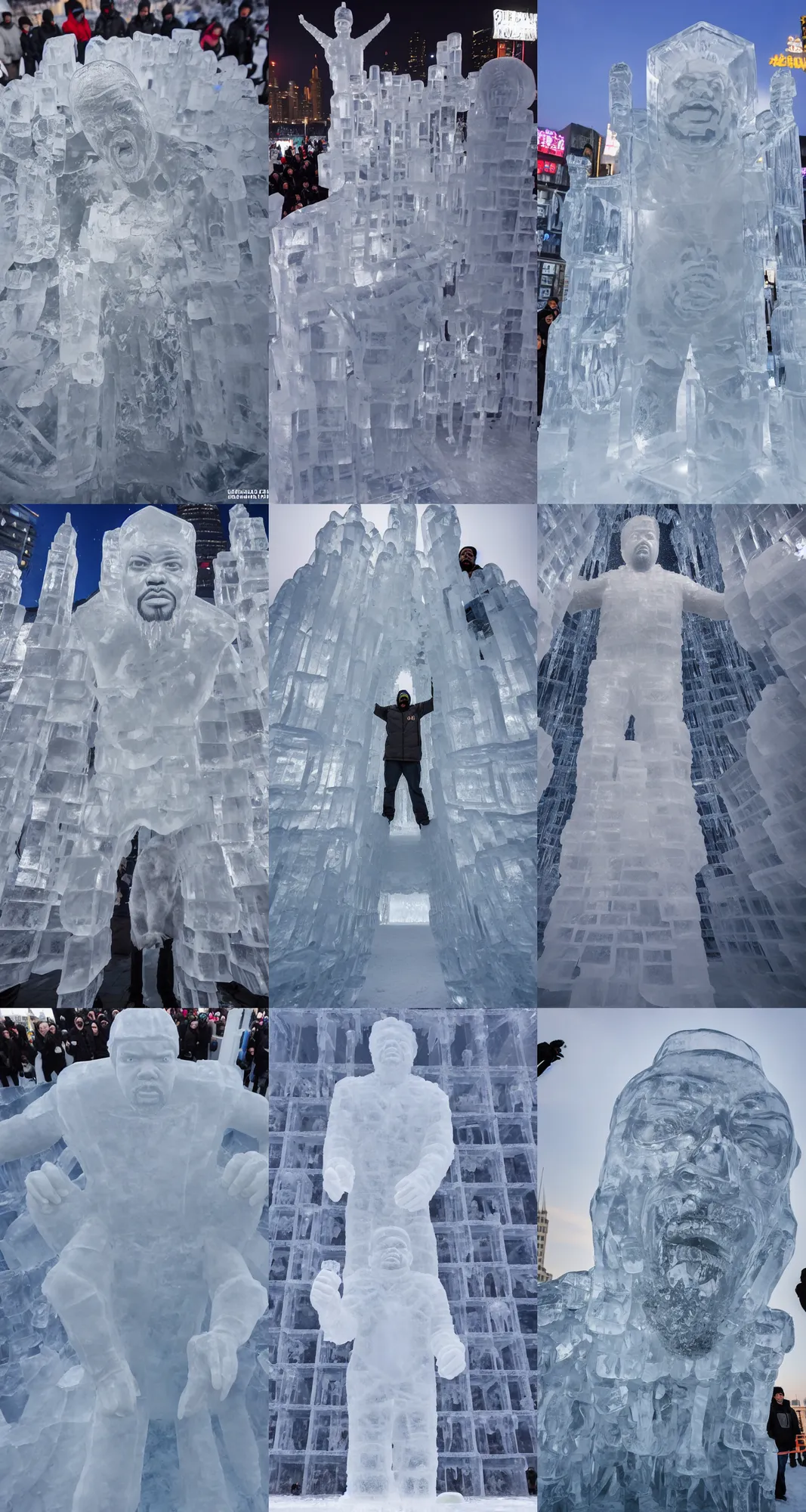 Prompt: dramatic photo, full body statue of rapper'ice cube'carved out of ice at harbin ice festival, full body, wide angle photo, award winning