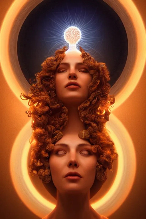 Prompt: a centered render of a goddess emitting a glorious energy from a circular portal on her head and is surrounded by spiral mandel bulb fractals, powerful, cinematic, beautifully lit, by artgerm, by karol bak, 3 d, trending on artstation, octane render, 8 k