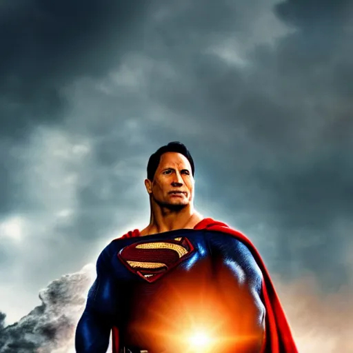 Prompt: Dwayne Johnson as Superman in Justice League, apocalyptic skies behind him, photo, promo shoot, studio lighting