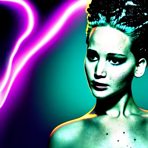 Image similar to jennifer lawrence as the bride of frankenstein, macro photography, glowing retinas, vaporwave, fuscia cyan yellow white light