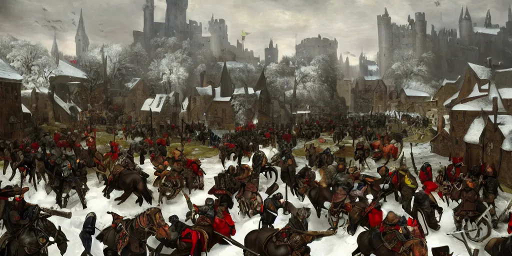 Image similar to RTS gameplay third person in style of Brueghel paintings, painting, Stronghold strategy gameplay, high detailed,dark fantasy, dark tones, medieval, snow, buildings, castle, armored units, red flags, cavalry,RPG, high detailed, contrast, octane render,mill, farm, creative