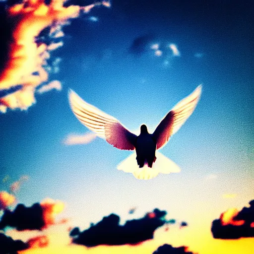 Image similar to Close-up realistic shot of a radiant white dove flying over the clouds at sunset, ethereal, vintage photograph, film grain, surreal, awe-inspiring, highly detailed