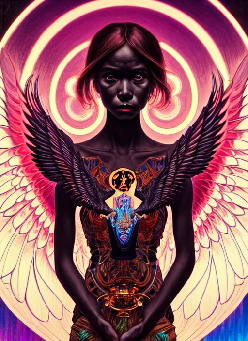 Image similar to high quality high detail portrait of a demonic angel with dark wings in black cathedral, tristan eaton, victo ngai, artgerm, rhads, ross draws, hyperrealism, intricate detailed, alphonse mucha, 8 k, sci - fi, pastel colors, artstation,