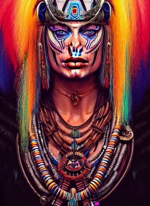 Image similar to portrait of margot robbie, hyper detailed ultra sharp aztec shaman warrior. trending on artstation, warpaint aesthetic, bloodwave, colorful, psychedelic, ornate, intricate, digital painting, concept art, smooth, sharp focus, illustration, art by artgerm and greg rutkowski and h. r. giger, 8 k