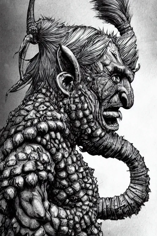 Image similar to hunched troll with a horn on his head, fantasy, highly detailed, digital art, sharp focus, trending on art station, kentaro miura manga art style