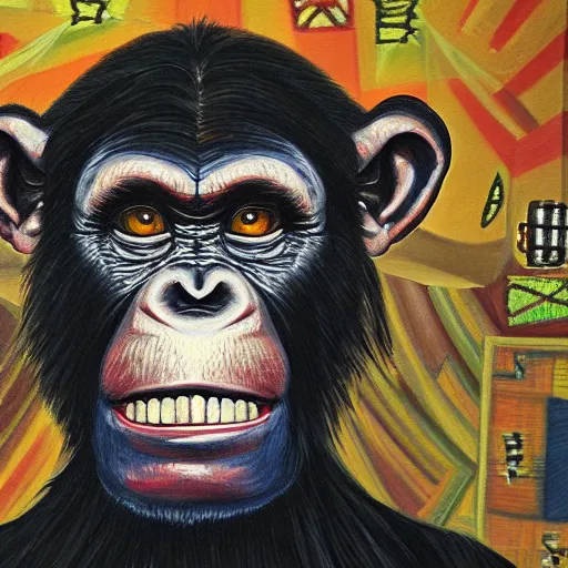 Image similar to portre of an autistic demonic chimpanzee on acid, masonic and kabalistic symbols in background, oil painting