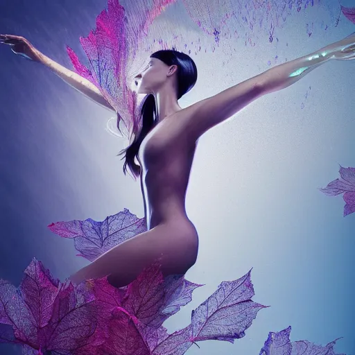Image similar to a highly detailed digital image of an elegantly posed futuristic woman beautifully swimming, suspended and intertwined from chromatic liquid like leaves, matte white background, full body shot, by Andrew Chiampo, artstation, and Frederik Heyman, extremely detailed woman, stunning volumetric lighting, hyper realism, fantasy 4k