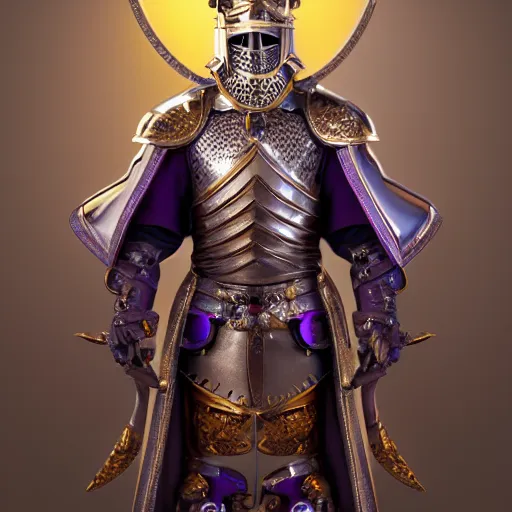 Image similar to a highly detailed knight with glowing purple eyes in a T golden helmet and a golden crown with a blue diamond in the center, golden armor, leather clothes under the armor, leather gloves, holds a black sword, artstation, DeviantArt, professional, octane render, sunset lighting