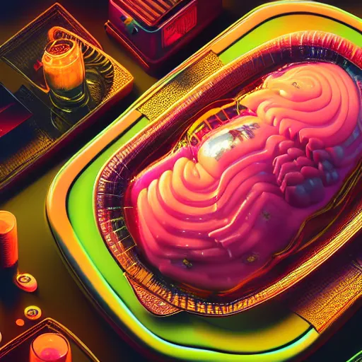 Prompt: ultradetailed still - life aspic on plate insanely detailed, octane render, cgsociety cyberpunk, neon, vaporwave 4 k, 8 k, hyper realism scary, alluring, coveted