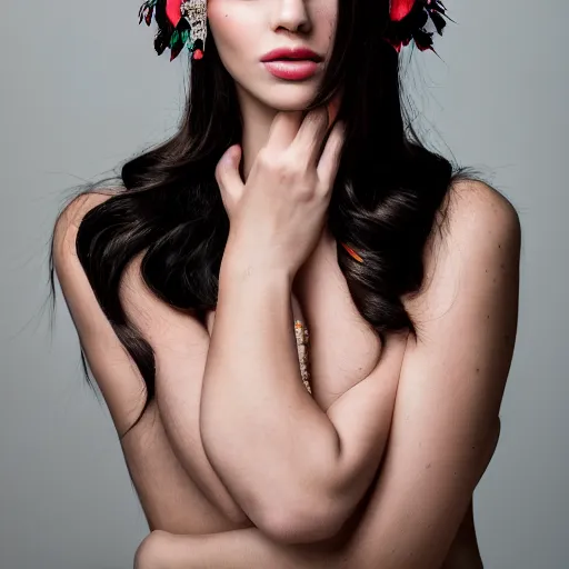 Image similar to a portrait of a beautiful female model, beauty shot, glamor pose, photography, headshot, headpiece, female character, canon eos r 3, f / 1. 4, iso 2 0 0, 1 / 1 6 0 s, 8 k, raw, unedited, symmetrical balance, in - frame