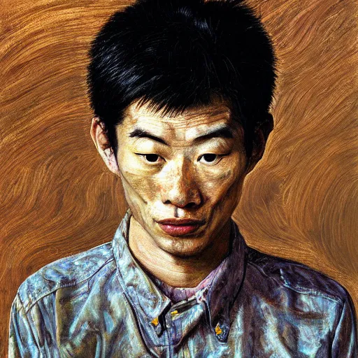 Image similar to detailed portrait of a modern, young confident asian american young man, by lucian freud, francis bacon, john chamberlain, willem de kooning, andreas franke, jean giraud, rob gonsalves, james gurney, james jean, ruan jia, gustav klimt