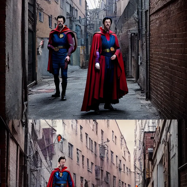 Prompt: dr strange in an alley by wes anderson