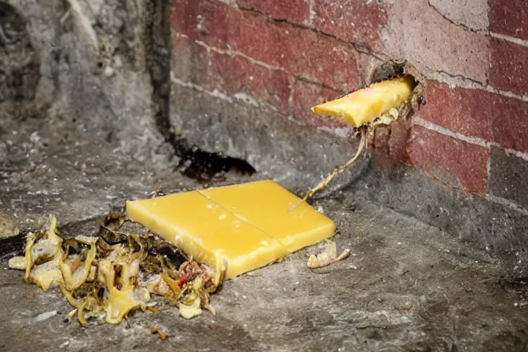 Image similar to a mutant disgusting rat eating cheese in a sewer, photograph, terror, horror, mutant,