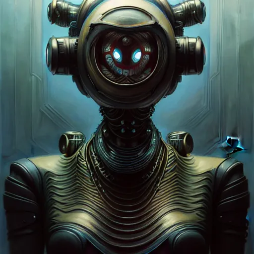 Image similar to low angle shot of a cyberpunk gazmask robot character, intricate, elegant, highly detailed, centered, digital painting, artstation, concept art, front shot, smooth, sharp focus, illustration, artgerm, Tomasz Alen Kopera, Peter Mohrbacher, donato giancola, Joseph Christian Leyendecker, WLOP, Boris Vallejo