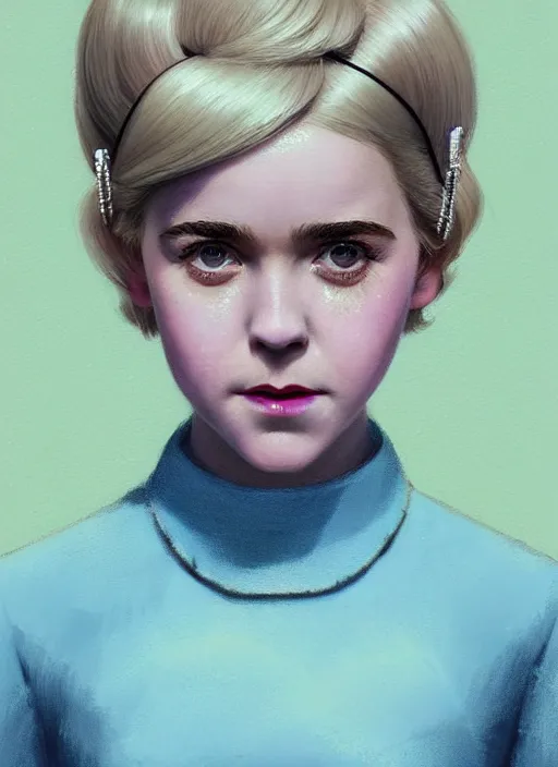 Image similar to portrait of kiernan shipka with freckles, white hair, big 1 9 6 0 s bob hairstyle with bangs and hairband, blue 1 9 6 0 s dress, intricate, elegant, glowing lights, highly detailed, digital painting, artstation, concept art, smooth, sharp focus, illustration, art by wlop, mars ravelo and greg rutkowski