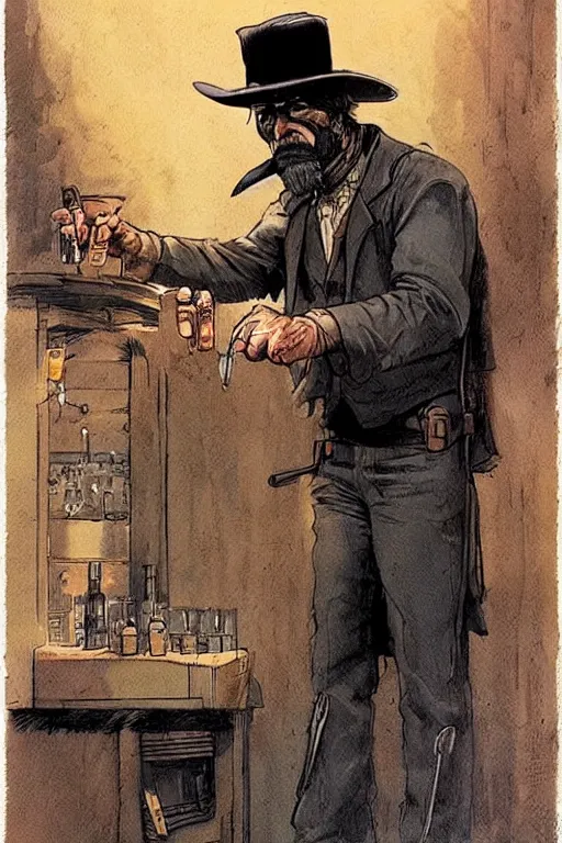 Image similar to old west bartender. concept art by James Gurney and Mœbius.