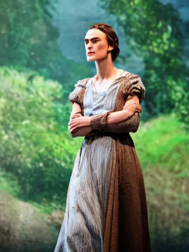 Prompt: a photograph of Keira Knightley as Miranda from the stage production of The Tempest taken with Nikon D3500