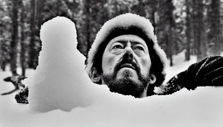 Image similar to 1 9 6 0 s movie still close up of marcus aurelius ill frozen lay on the snow by the side of a river with gravel, pine forests, cinestill 8 0 0 t 3 5 mm b & w, high quality, heavy grain, high detail, texture, dramatic light, anamorphic, hyperrealistic, detailed hair, foggy