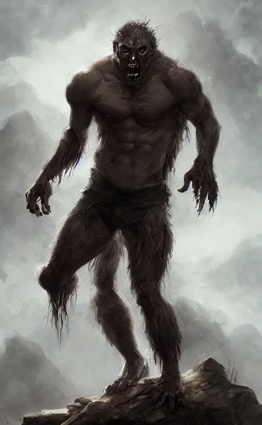 Image similar to Portrait of a zombie werewolf sitting down, male, muscular, bare thighs!!!, simple clothing!!!!!, fantasy, medieval, highly detailed, cinematic lighting, digital art painting by greg rutkowski