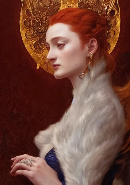 Prompt: sansa fire queen, intricate, elegant, highly detailed, digital painting, artstation, concept art, smooth, sharp focus, illustration, art by artgerm and greg rutkowski and alphonse mucha and willia m - adolphe bouguereau