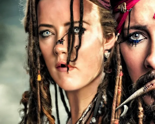 Image similar to a beautiful mix of captain jack sparrow and amber heard, hyper realistic face, beautiful eyes, cinematic, long shot, hyper detailed, 8 5 mm photograph, 8 k resolution, film still, sharp lens, wide lens