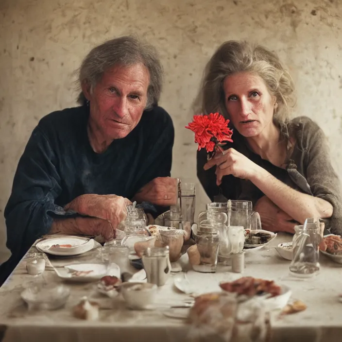 Prompt: closeup portrait of a couple eating flowers at a dining table, in a desolate abandoned house, by Annie Leibovitz and Steve McCurry, natural light, detailed face, CANON Eos C300, ƒ1.8, 35mm, 8K, medium-format print