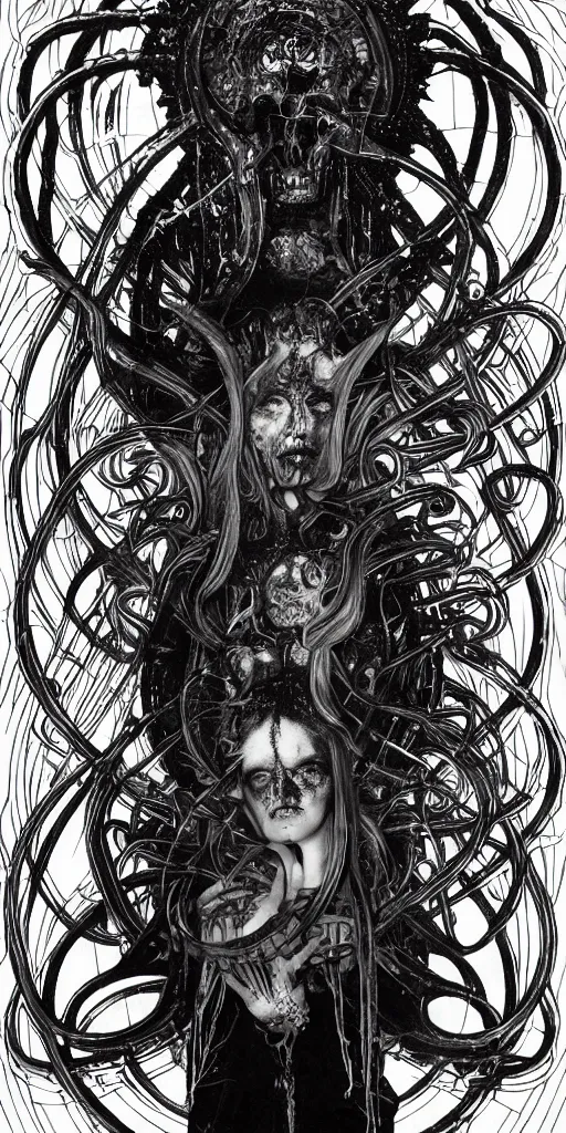 Prompt: intense glowing pagan black metal god with horns and tentacles and intense glowing eyes and a bloody skull in very dark cosmic space by h r giger and alphonse mucha and karol bak, portrait, fantasy, clear, light beams, lens flare, intense, uhd, amazing depth, cinematic lighting, red and black and white