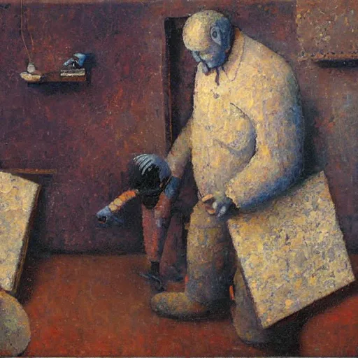 Prompt: an impasto painting by shaun tan of an abstract sculpture by the caretaker and ivan seal ( 1 9 0 0 )