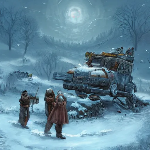 Image similar to digital art, trending on artstation, battle of gypsy clans in a nuclear winter