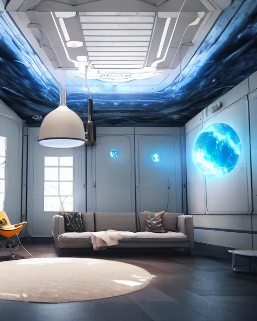 Image similar to artstation scifi scene of a safe room as ikea ad, lounge furniture, large terrarium, sky mural on the room ceiling, paneled walls, unreal engine 5, hyper realism, realistic shading, cinematic composition, blender render, octane render, hdr, detailed textures, photorealistic, wide shot