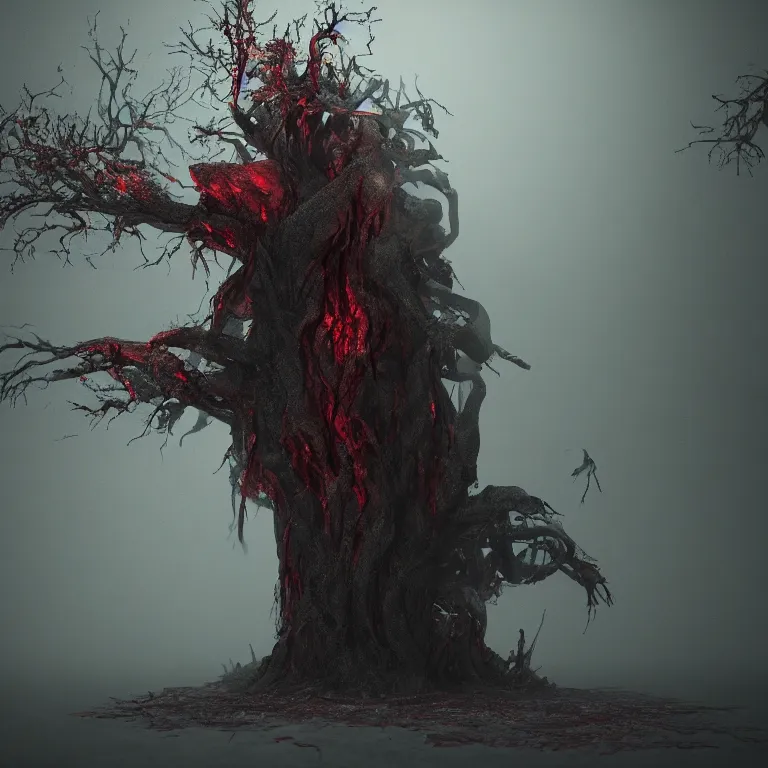 Image similar to a bloody tree as a demon on hell, dark, foggy, eerie, splash, sparkle, smoke, particles, octane render, unreal engine, artstation, digital art.