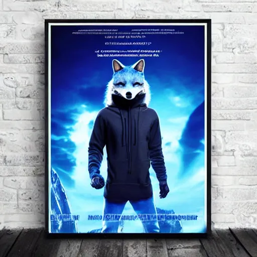 Image similar to modern action adventure movie poster, featuring in anthropomorphic blue fox in a hoodie, promotional movie poster print