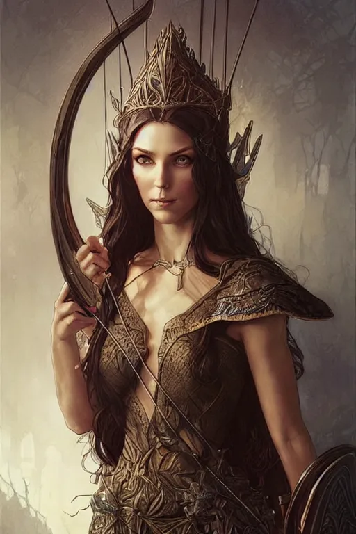 Image similar to portrait of a queen elven archer, dark, piercing eyes, gentle expression, elegant clothing, photorealistic, highly detailed, artstation, smooth, sharp focus, art by michael whelan, artgerm, greg rutkowski and alphonse mucha