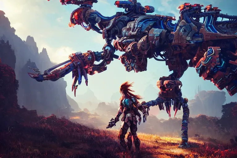 Image similar to thunderjaw machine mecanical creature robot of horizon forbidden west horizon zero dawn radiating a glowing aura global illumination ray tracing hdr fanart arstation by ian pesty and alena aenami artworks in 4 k