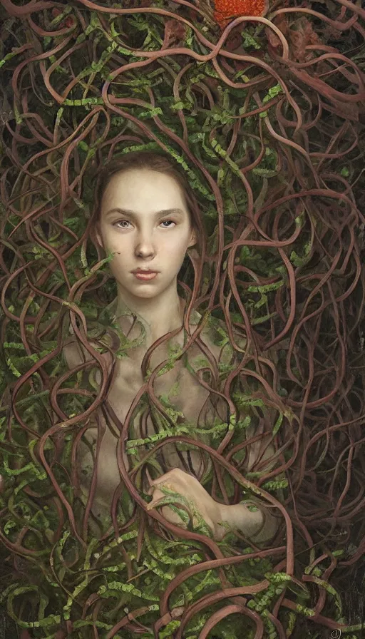 Image similar to very detailed portrait of a 2 0 years old girl surrounded by tentacles, the youg woman visage is blooming from fractal and vines, by jakub rozalski