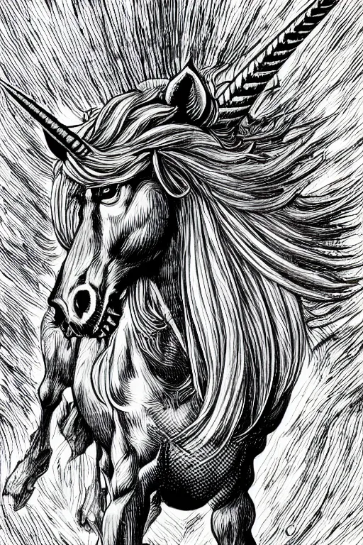 Prompt: a vicious unicorn, symmetrical, highly detailed, digital art, sharp focus, trending on art station, kentaro miura manga art style