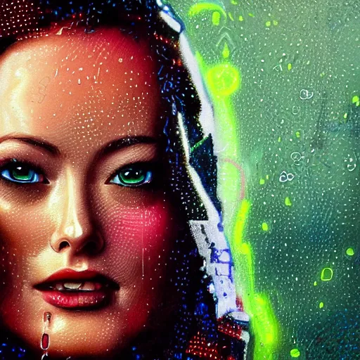 Prompt: close up portrait of olivia wilde as sherlock Holmes with has an epic idea, pixar style, stylized face, intricate detail, digital painting, gears, watches, steampunk, glowing orange eyes, biomechanical, neon colors, cyberpunk, trash polka, raining, faded green, particles floating, industrial background by marc simonetti + wlop, artwork by ross tran + ramond swanland + liam wong +mike winklemann + wlop