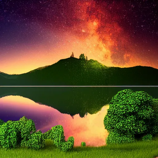 Image similar to isometric view of a lake shore, stars reflecting on the water, 4k reflection, diorama