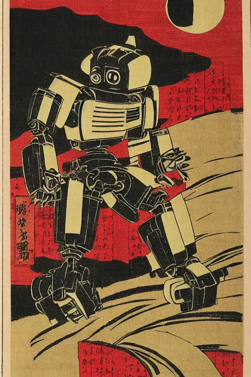 Prompt: Japanese woodblock print of a doomsday robot