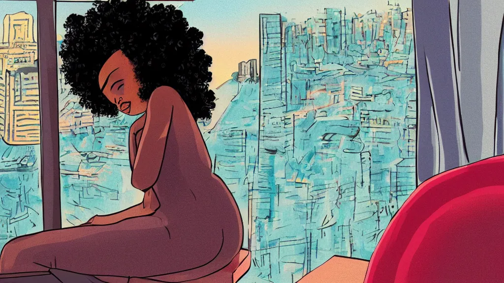 Image similar to black girl, curly hair, with headphones, studying in bedroom, window with rio de janeiro view, lo-fi illustration style, digital art, alive colors