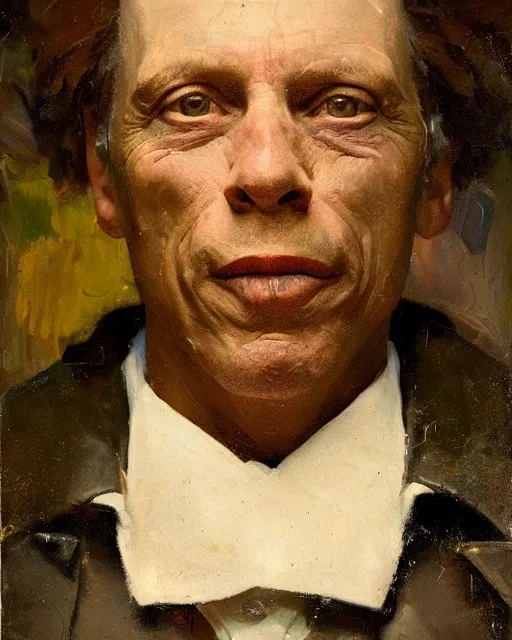 Image similar to painterly portrait, william fichtner, impasto, fantasy, chuck close:7, carl spitzweg:7, cinematic light, full face, symmetrical face