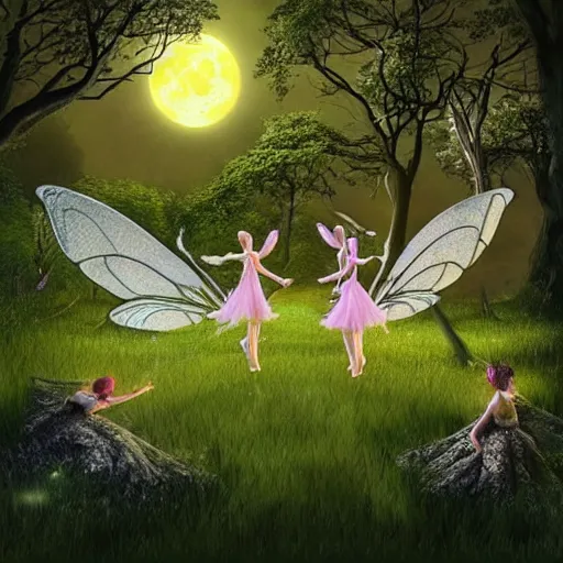 Prompt: The most artistic picture 3-D digital art fairies dancing in the woods by a full moon, surreal, award winning, highly detailed