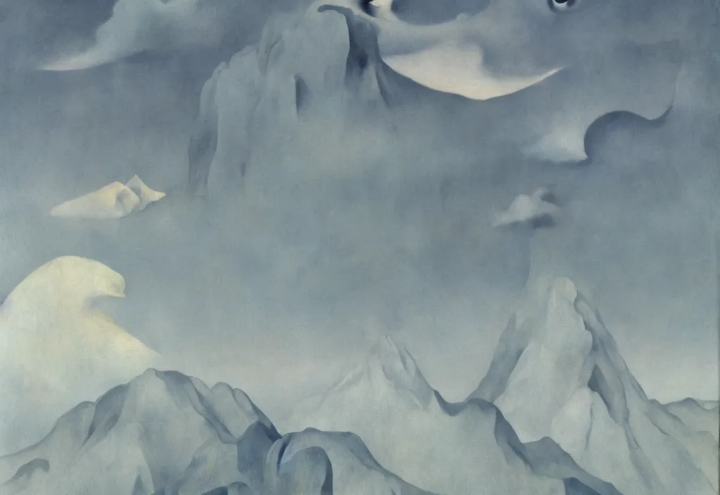 Image similar to shy mountain summit taking a peek through the clouds, fog, with curious eyes. joy of life happy flying creature. painting by yves tanguy, jean delville, rene magritte, max ernst, monet