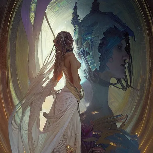 Prompt: an oil painting of a beautiful alien priestess by Greg Rutkowski, Alphonse Mucha and WLOP. Epic fantasy art. Intricate details. Sharp features.