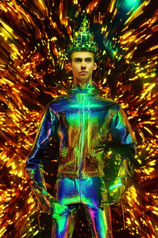 Image similar to hyper detailed ultra sharp photoshoot of baroque and bladerunner crystalline sapphire sculpture of seductive adrien sahores neon tigers iridescent humanoid deity wearing metallic hoody made out of banana leaves holding the sun prismatic dungeon, glowing rainbow face, crown of white diamonds, cinematic lighting, photorealistic, octane render 8 k depth of field 3 d